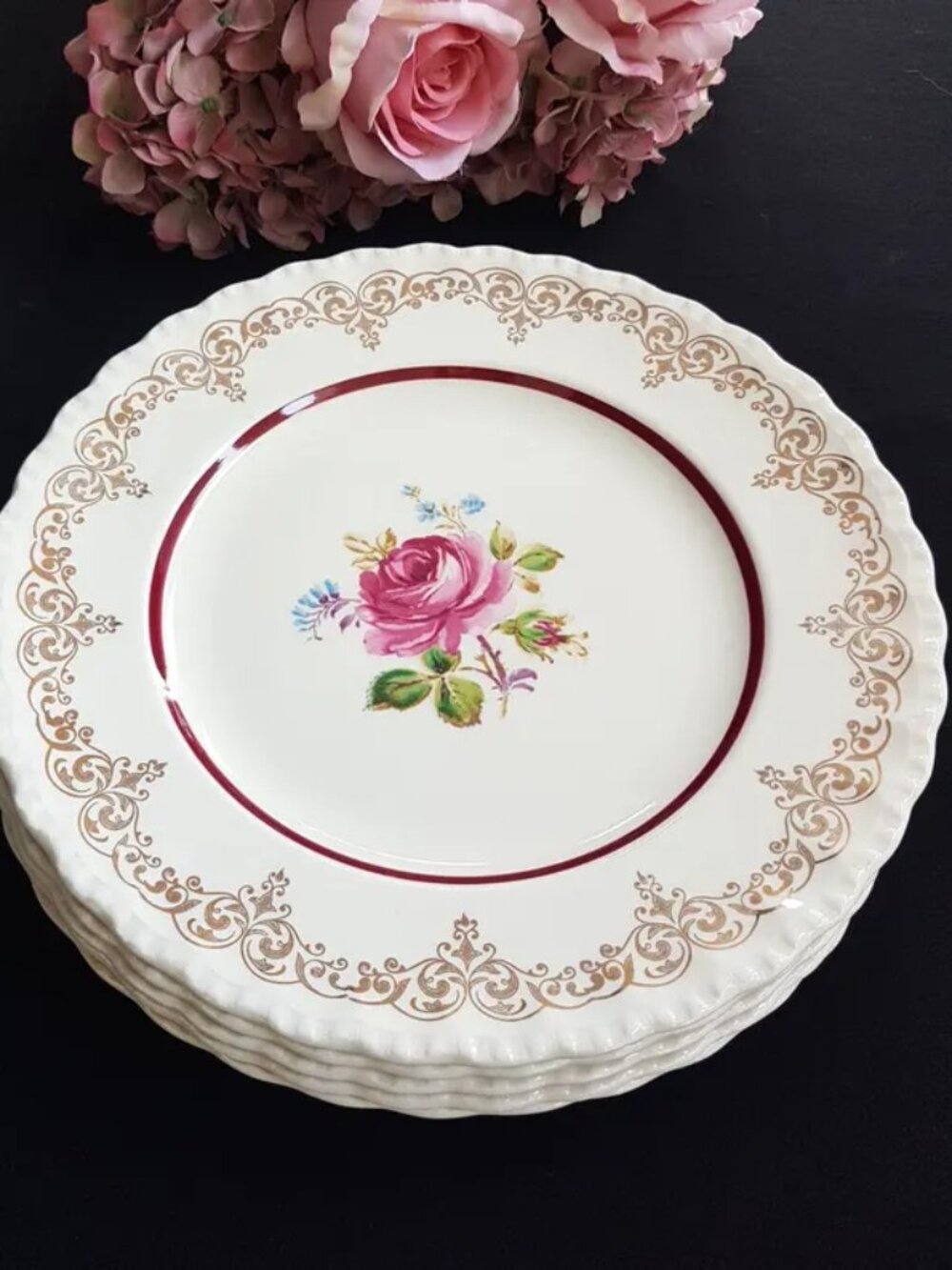 Vintage Grindley Cream Petal Rose Dinner Plates Gold Scroll Set of 2 England